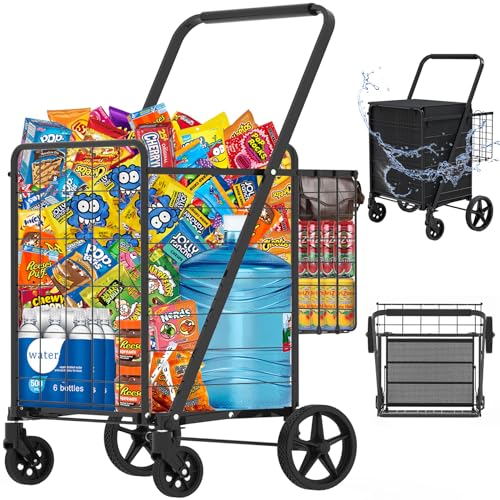 Heavy Duty Folding Shopping Cart with Double Basket, 360° Swivel Wheels, Waterproof Bag E450