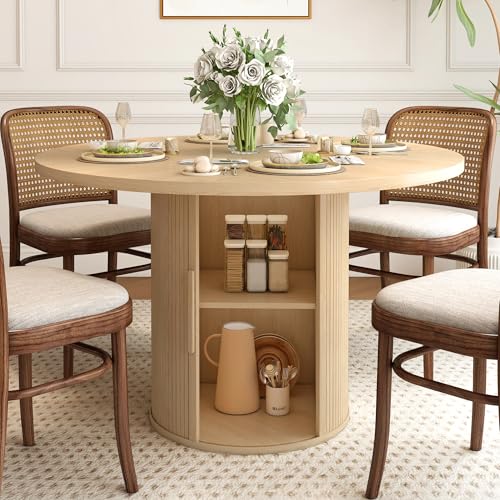 47 inch Round Dining Table with 2-Layer Storage Shelf and Wood Slide Door (Walnut) P74441