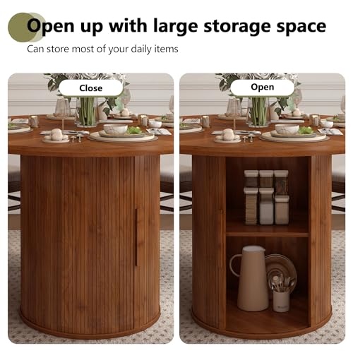 47 inch Round Dining Table with 2-Layer Storage Shelf and Wood Slide Door (Walnut) P74441