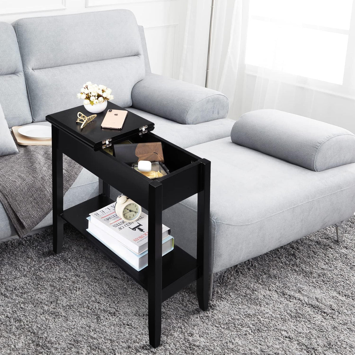 Black Flip Top End Table with Hidden Storage N1162