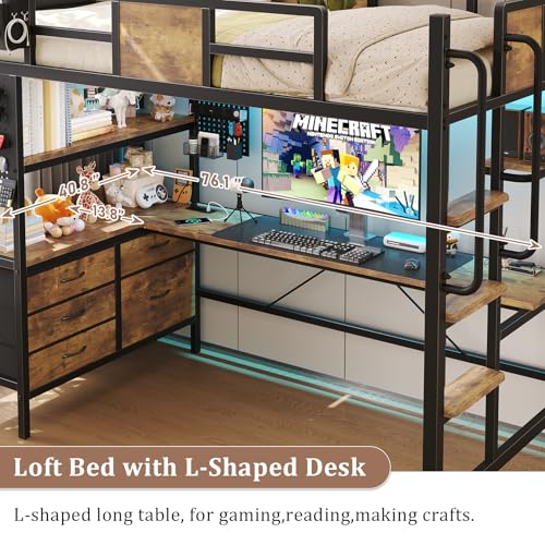 Twin Size Loft Bed with Desk and 5 Storage Drawer Cabinets N789344