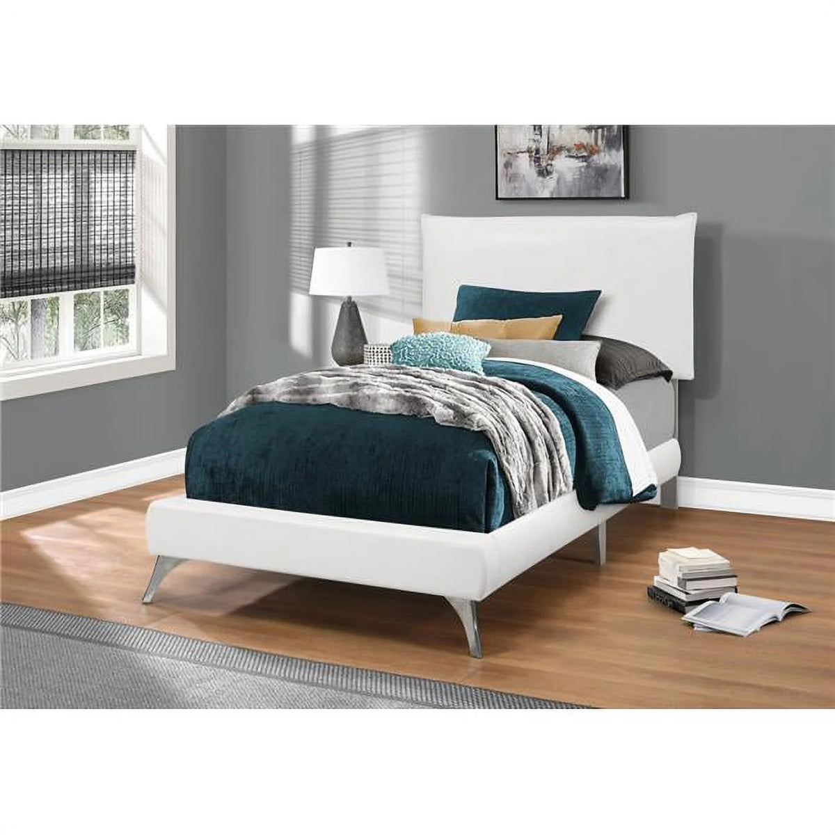 White Leather-Look Twin Size Bed with Chrome Legs Q38942