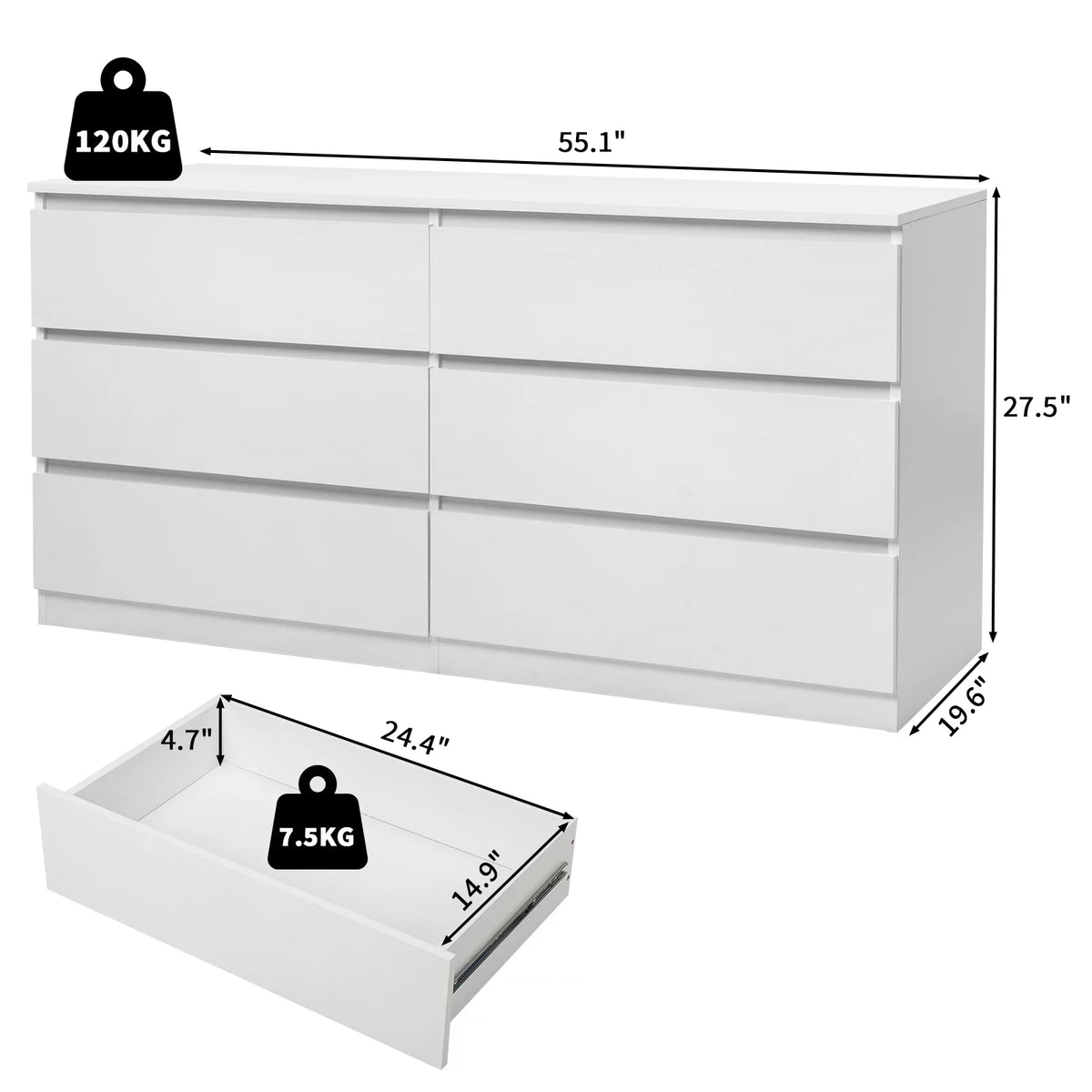 White 6 Drawer Double Dresser F937