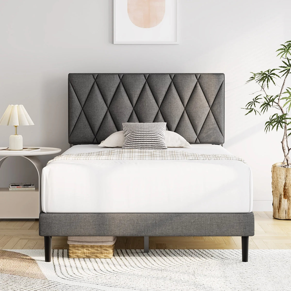 Twin Upholstered Platform Bed Frame with Headboard J4679
