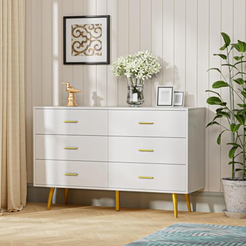White 6 Drawer Wood Dresser with Gold Metal Handles M65388