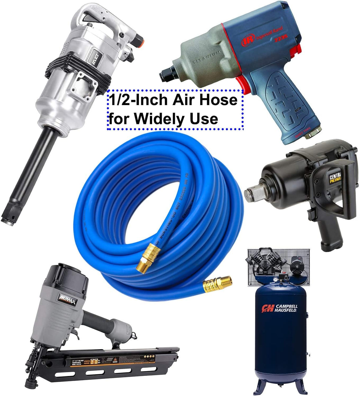 Hybrid Air Hose 1/2-Inch I.D. by 100-Feet Long Solid Brass Fittings 300 PSI Heavy Duty Lightweight Kink Resistant with 3/8" and 1/4" Industrial Quick Coupler Connectors Blue P1461