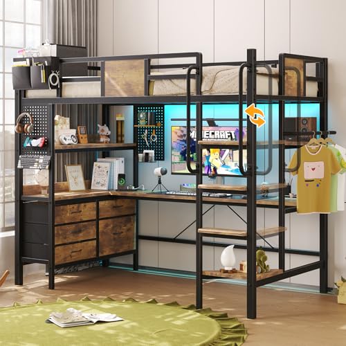 Twin Size Loft Bed with Desk and 5 Storage Drawer Cabinets N789344