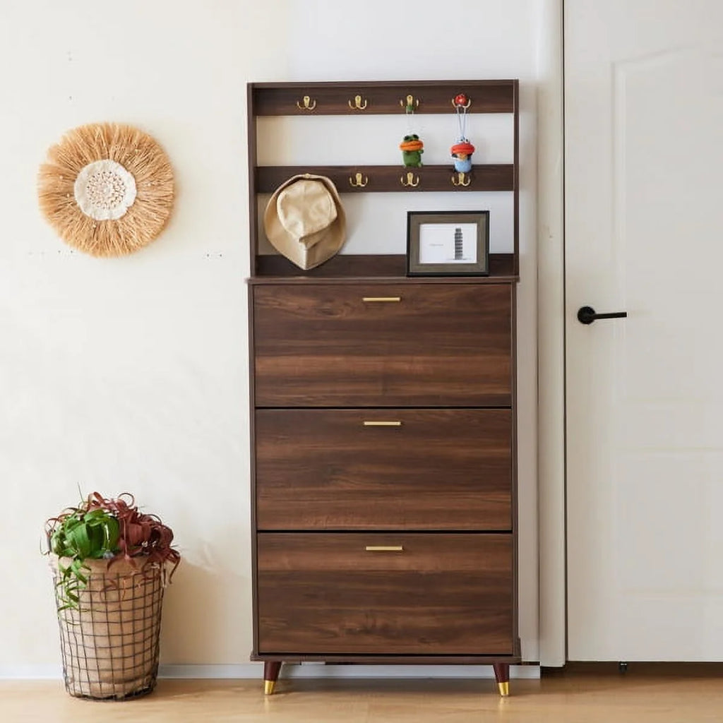 Brown Entryway Wardrobe Armoire Closet with 12 Hooks & 3 Shoe Cabinets N641