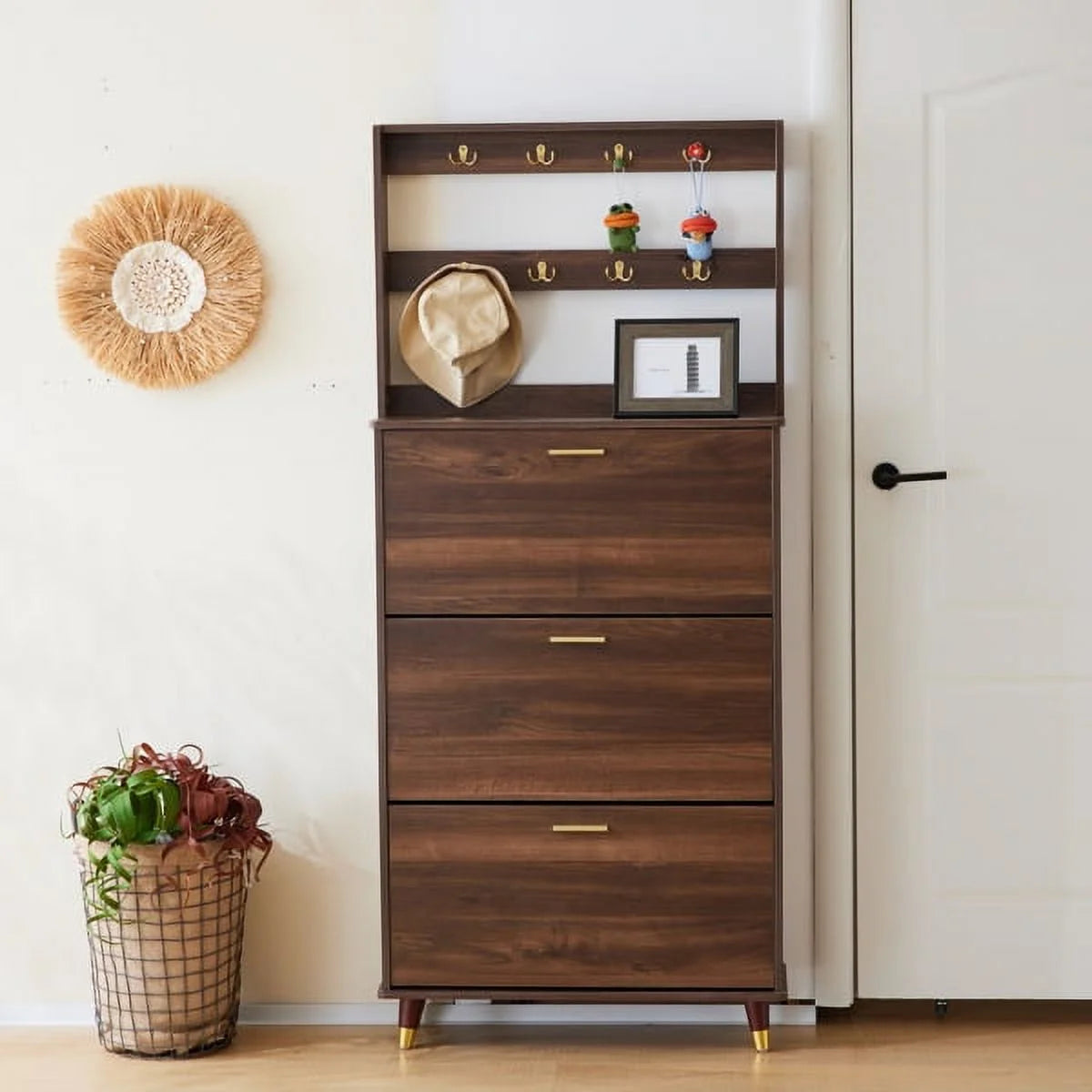 Brown Entryway Wardrobe Armoire Closet with 12 Hooks & 3 Shoe Cabinets N641