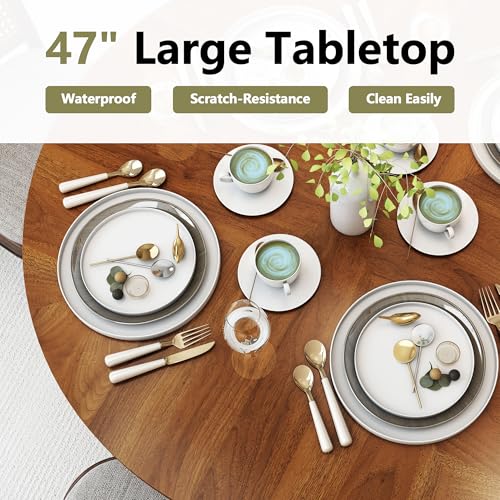 47 inch Round Dining Table with 2-Layer Storage Shelf and Wood Slide Door (Walnut) P74441