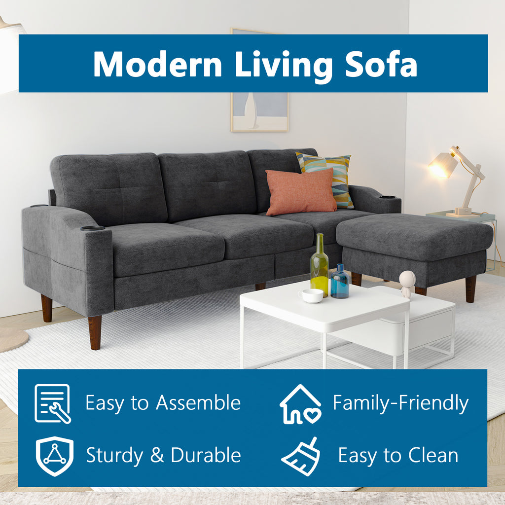 Convertible L-Shaped Combo Sofa with USB Port, Cup Holder, Storage Ottoman, Dark Gray W428