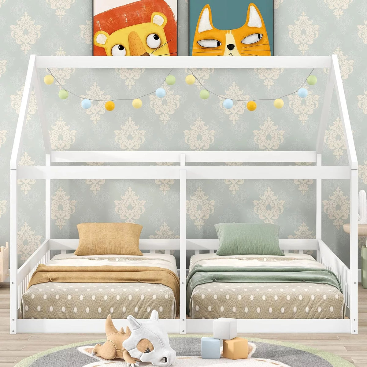 White Solid Wood Floor Bed with Rails and Roof G1304