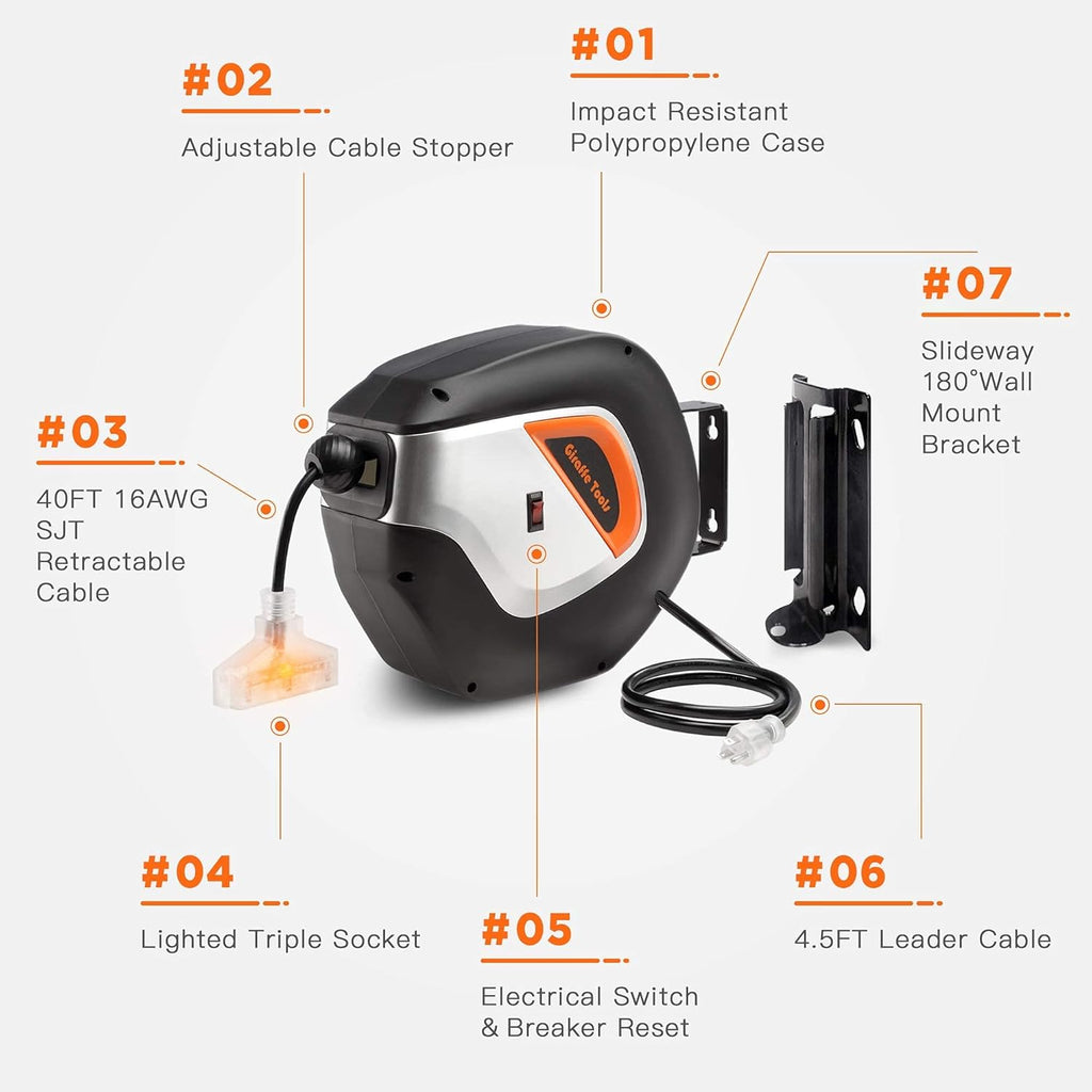 Retractable Extension Cord Reel 40ft Heavy Duty with Swivel Bracket Lighted Triple Tap R175969