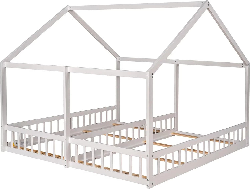 White Solid Wood Floor Bed with Rails and Roof G1304