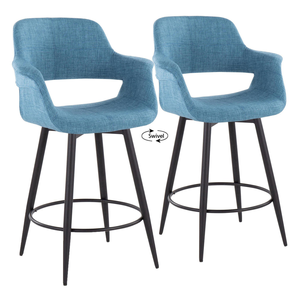 26" Mid-Century Modern Counter Stool with Swivel in Matte Black Metal and Blue Fabric with Round Metal Footrest - Set of 2 V919