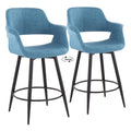 26" Mid-Century Modern Counter Stool with Swivel in Matte Black Metal and Blue Fabric with Round Metal Footrest - Set of 2 V919