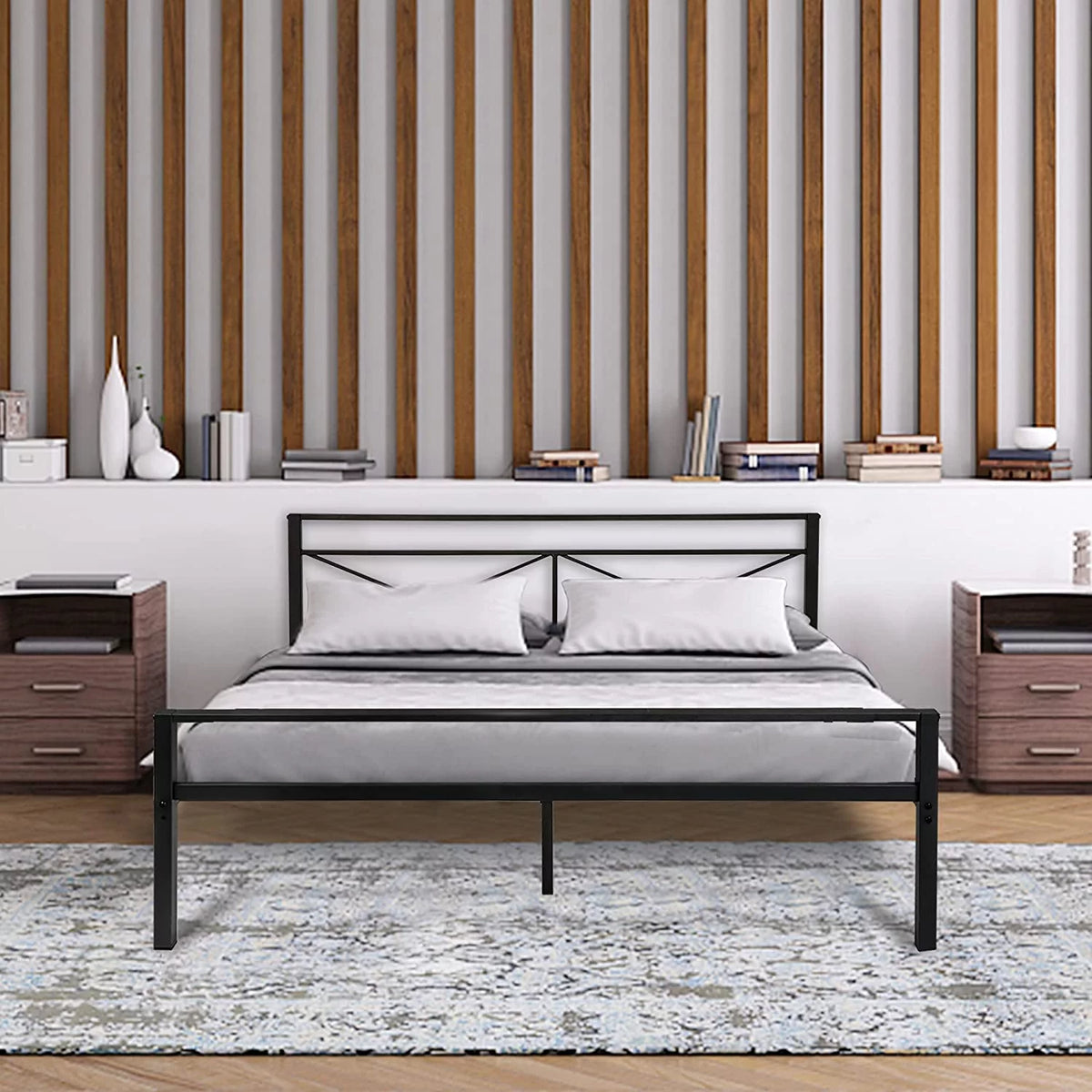 Black Queen Size Metal Platform Bed Frame with Headboard N53209