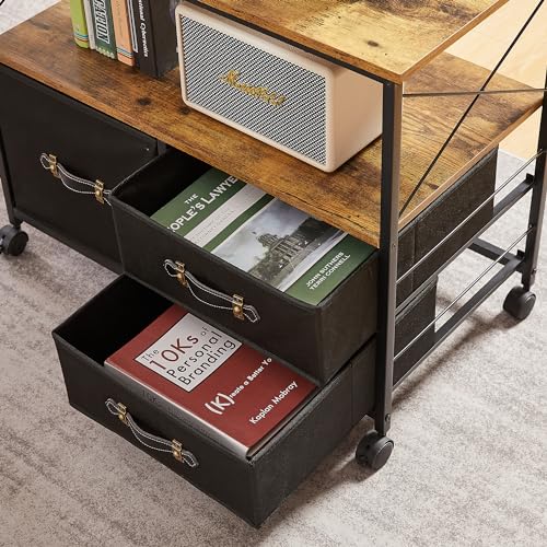 Black 3 Drawer Rolling Printer Stand with Fabric Storage Shelf Y2974