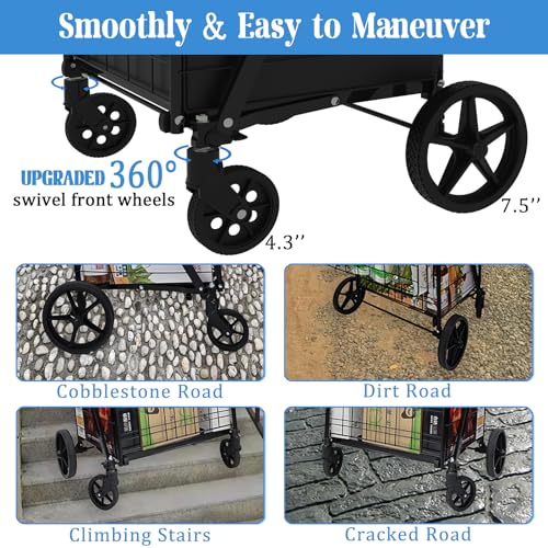 Heavy Duty Folding Shopping Cart with Double Basket, 360° Swivel Wheels, Waterproof Bag E450