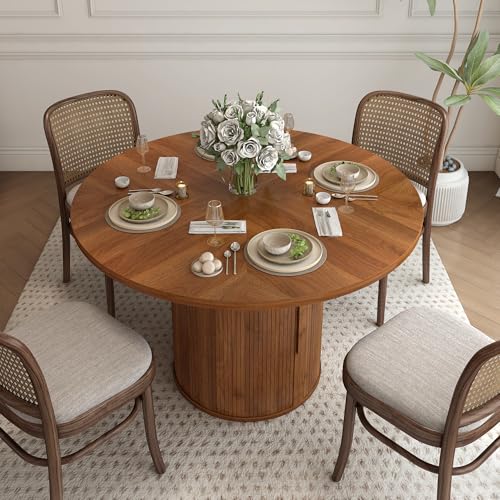 47 inch Round Dining Table with 2-Layer Storage Shelf and Wood Slide Door (Walnut) P74441