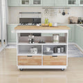 White Rolling Kitchen Island with RubberWood Top, 2 Drawers T912062