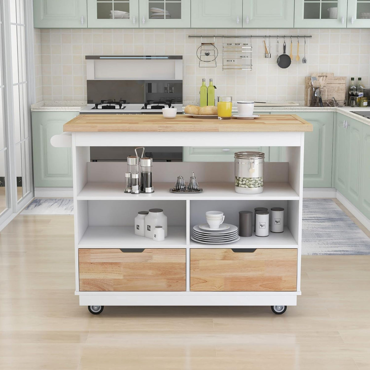 White Rolling Kitchen Island with RubberWood Top, 2 Drawers T912062