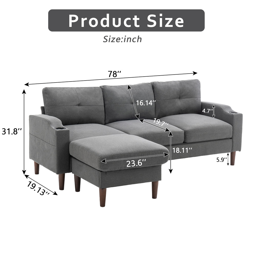 Convertible L-Shaped Combo Sofa with USB Port, Cup Holder, Storage Ottoman, Dark Gray W428