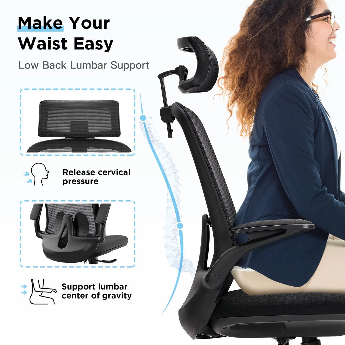 Black Ergonomic Mesh Office Chair with Flip-Up Arms and Lumbar Support T67908