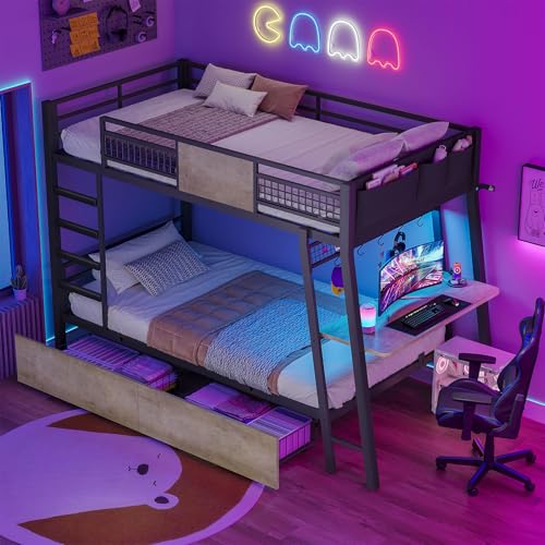 Twin Over Twin Metal Bunk Bed with Desk and Storage Drawers T6051