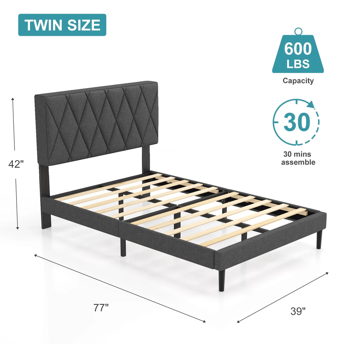 Twin Upholstered Platform Bed Frame with Headboard J4679