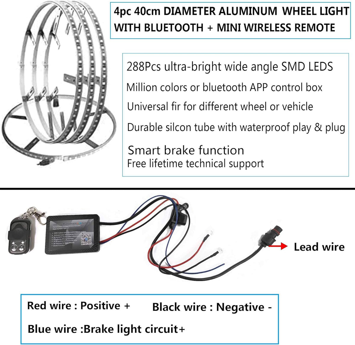 4PC 15.5in RGBW LED Wheel Ring Lights with Brake Function Waterproof Wireless RF Remote Y9245