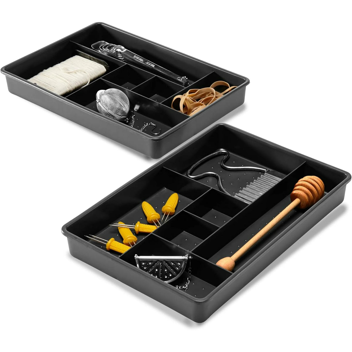 Set of 2 Plastic 6-Compartment Drawer Organizer Trays, Granite, 10.75 x 7.5 x 2.6 inches T58723