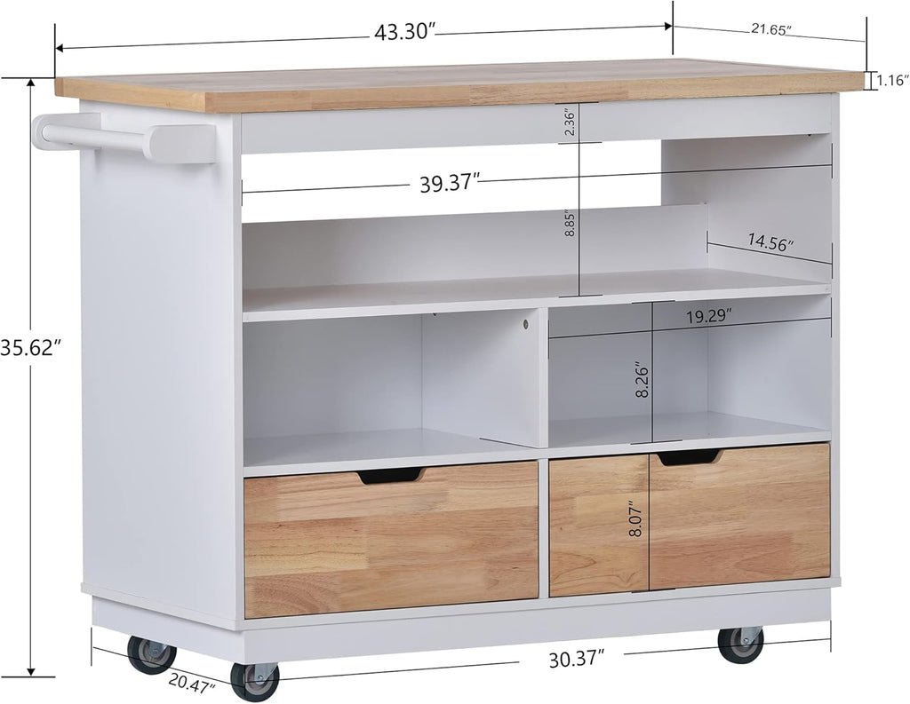 White Rolling Kitchen Island with RubberWood Top, 2 Drawers T912062