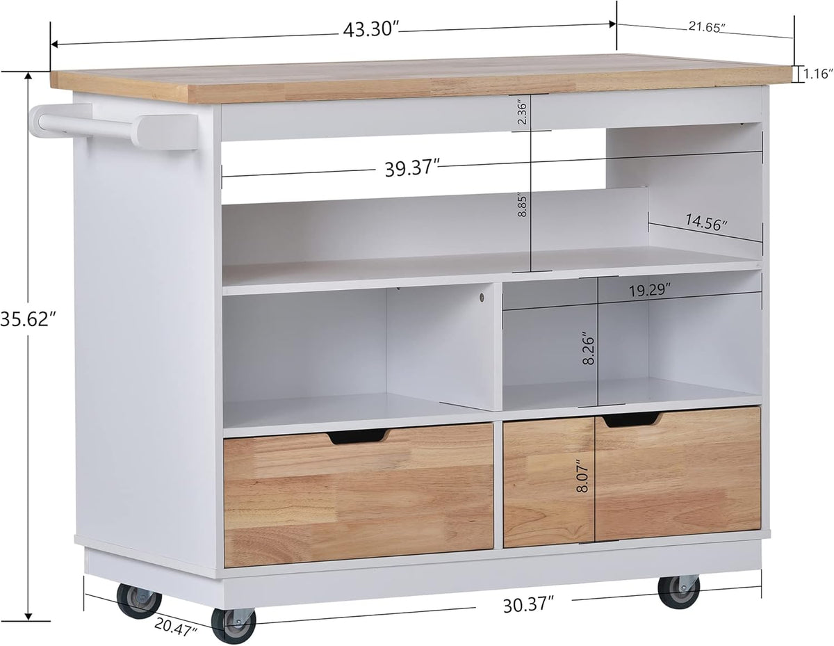 White Rolling Kitchen Island with RubberWood Top, 2 Drawers T912062