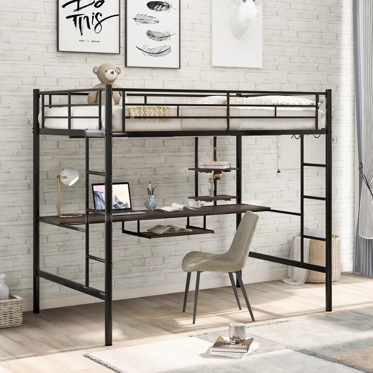 Full Bed with Keyboard Tray, 2 Shelves and Desk S49289