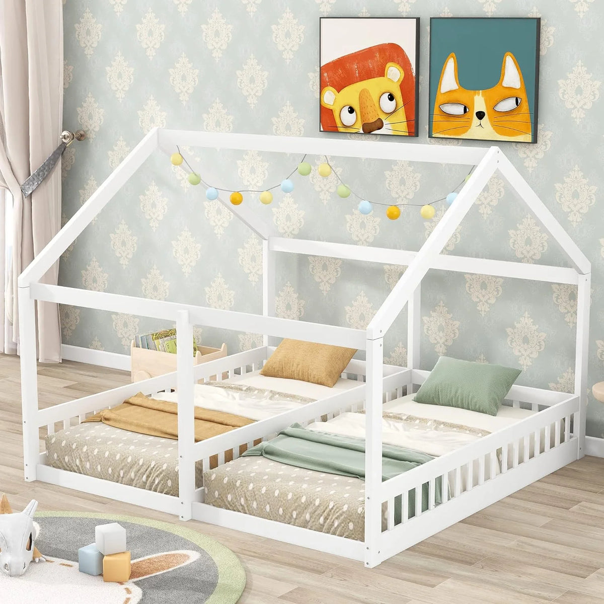 White Solid Wood Floor Bed with Rails and Roof G1304