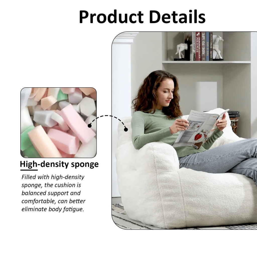 White Tufted Teddy Fabric Bean Bag Sofa with Armrest C677