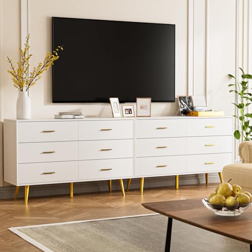 White 6 Drawer Wood Dresser with Gold Metal Handles M65388
