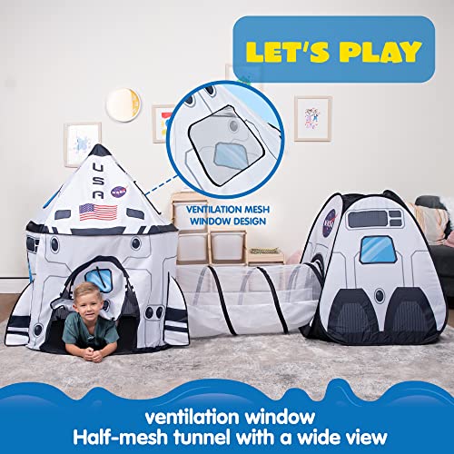 White Rocket Ship Pop up Play Tent with Tunnel and Playhouse Kids Indoor Outdoor Spaceship Tent Set G116