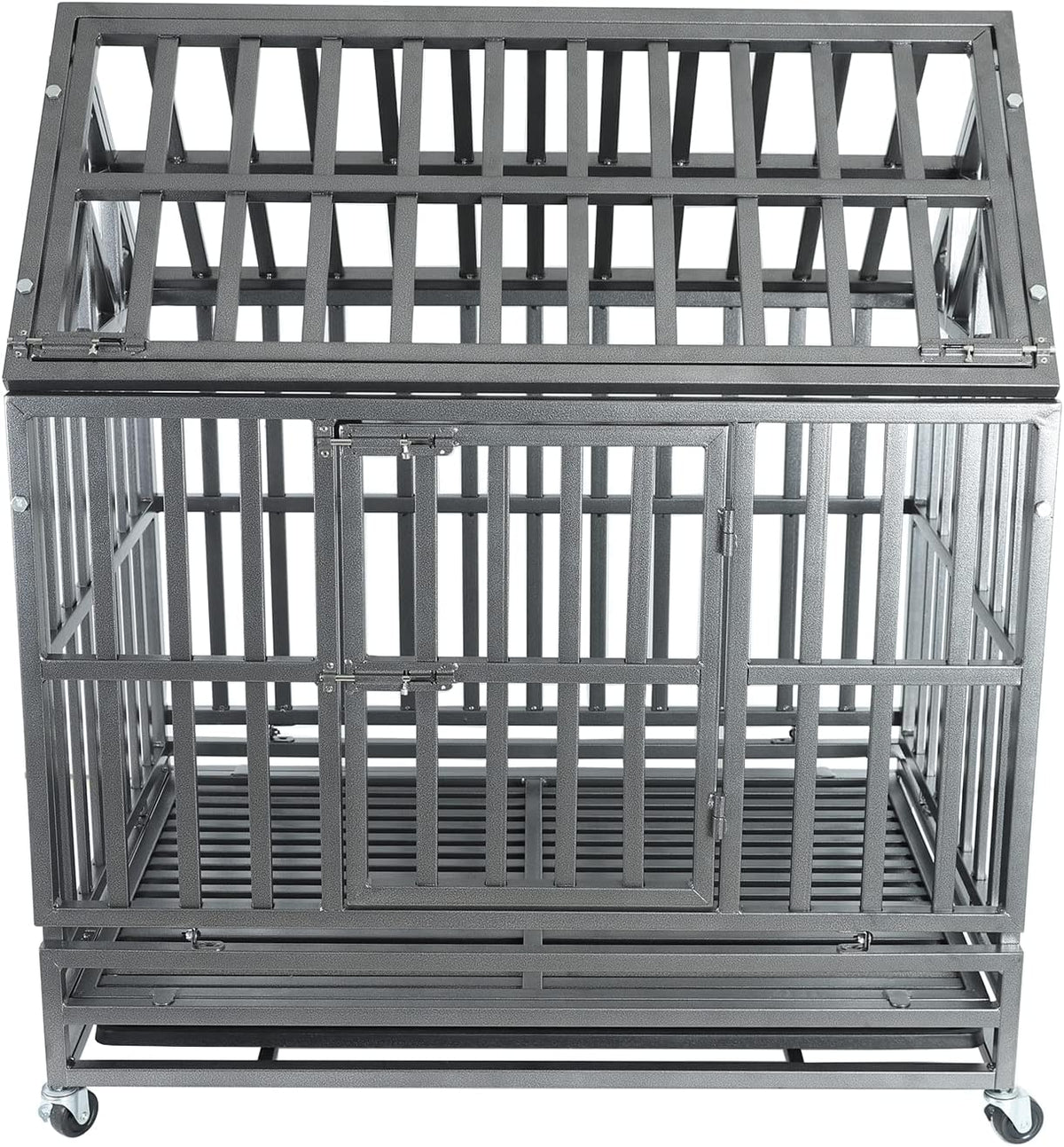 37” Heavy Duty Stainless Steel Dog Cage Kennel Crate and Playpen with Double Doors Lockable Wheels Removable Tray O186057