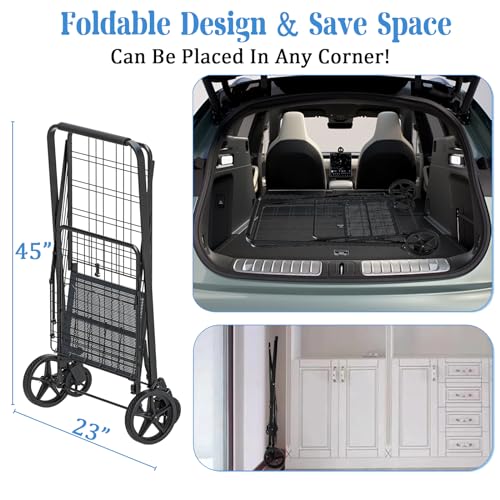 Heavy Duty Folding Shopping Cart with Double Basket, 360° Swivel Wheels, Waterproof Bag E450