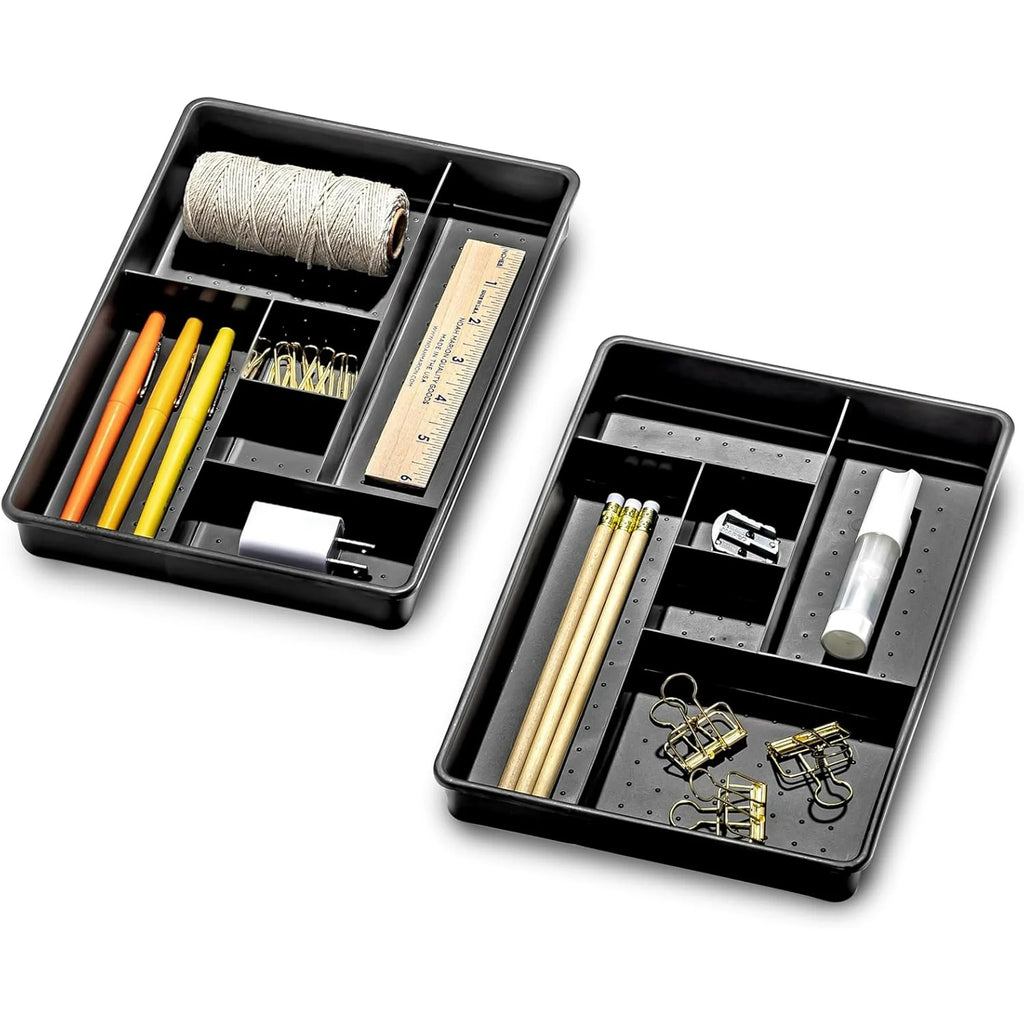 Set of 2 Plastic 6-Compartment Drawer Organizer Trays, Granite, 10.75 x 7.5 x 2.6 inches T58723
