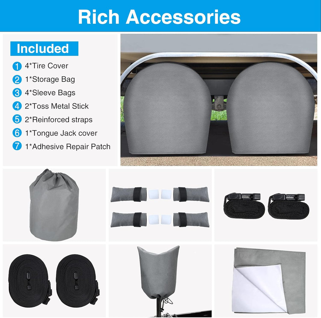 Heavy Duty RV Cover with 4 Tire Covers, Tongue Jack Cover, 2 Extra Straps, Gutter Cover D43078