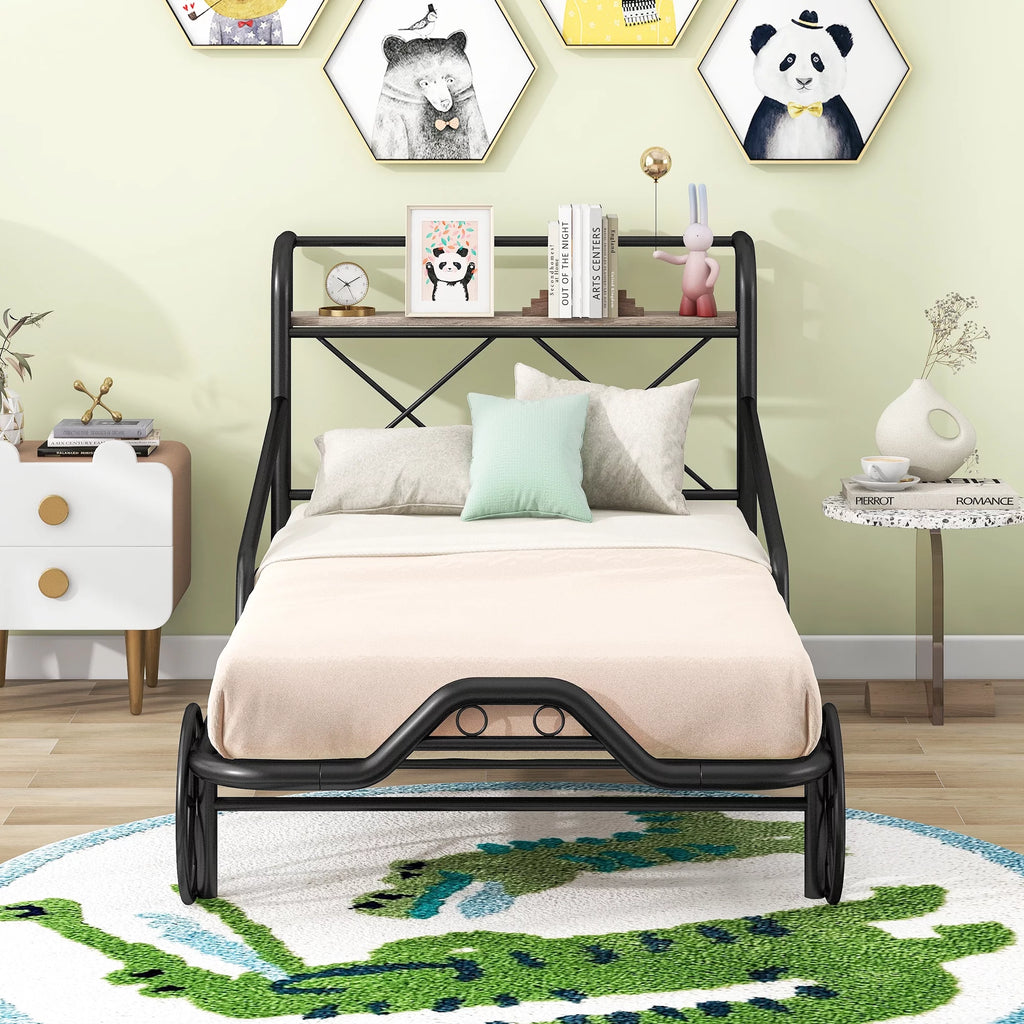 Twin Size Black Metal Car Bed with Guardrails P203133