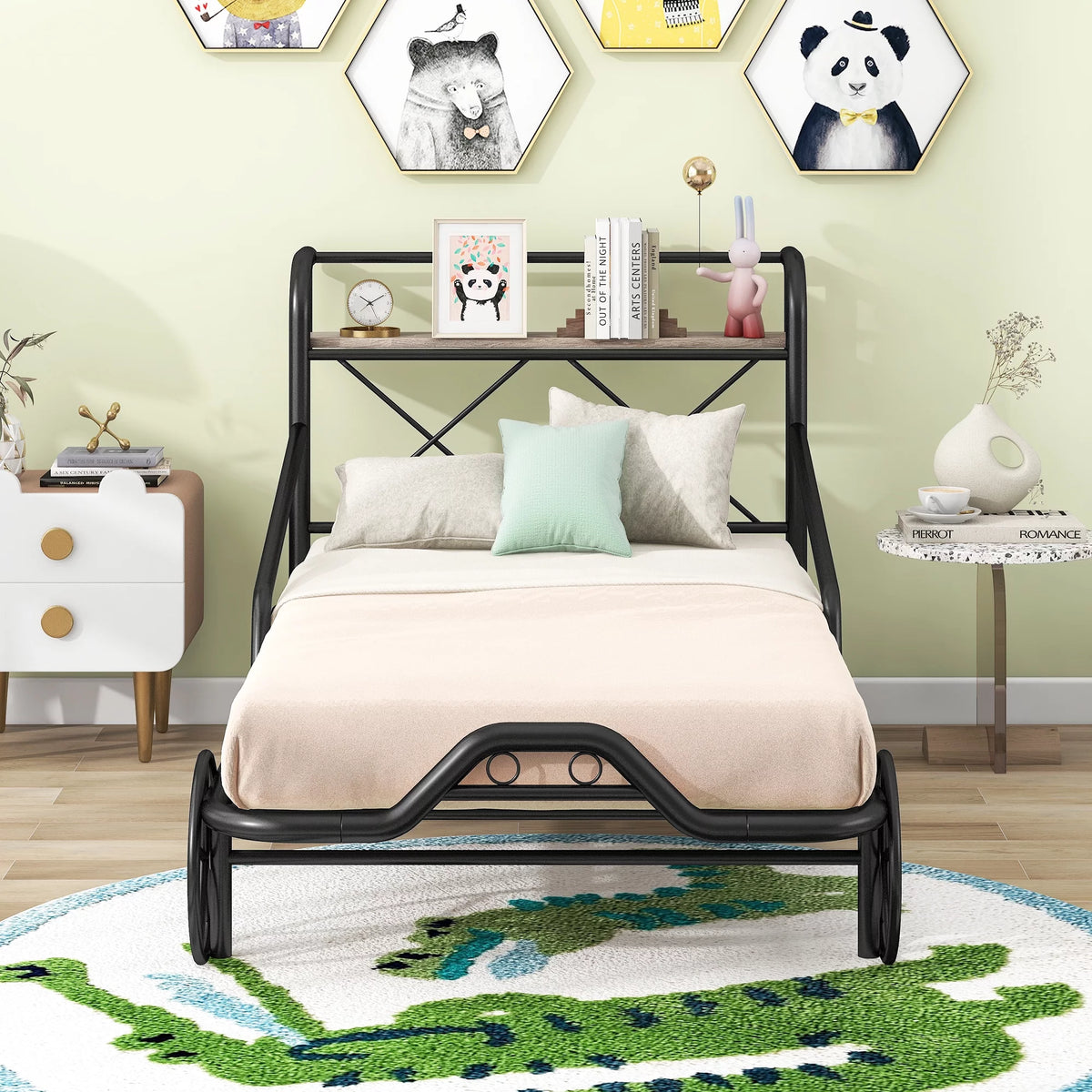 Twin Size Black Metal Car Bed with Guardrails P203133