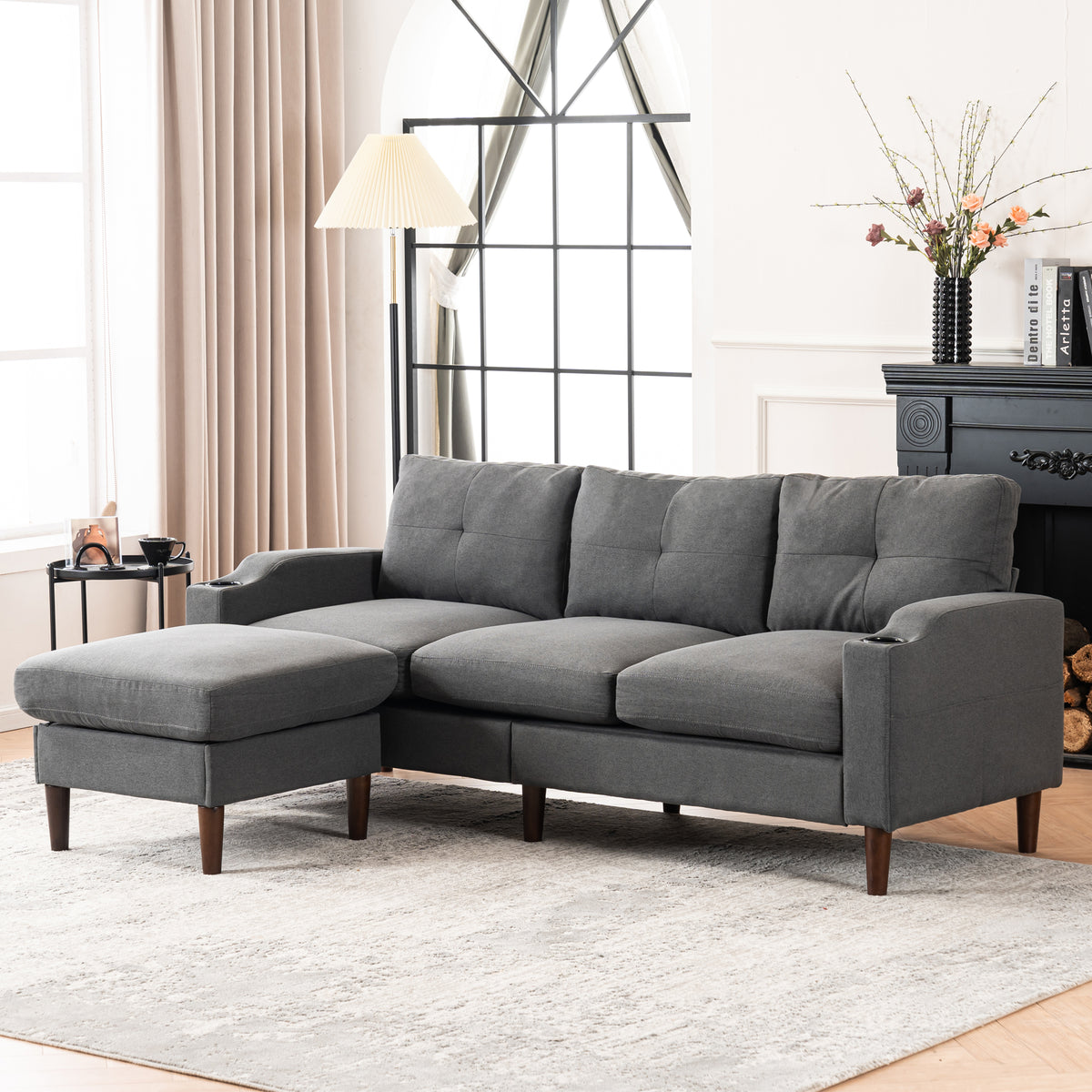 Convertible L-Shaped Combo Sofa with USB Port, Cup Holder, Storage Ottoman, Dark Gray W428