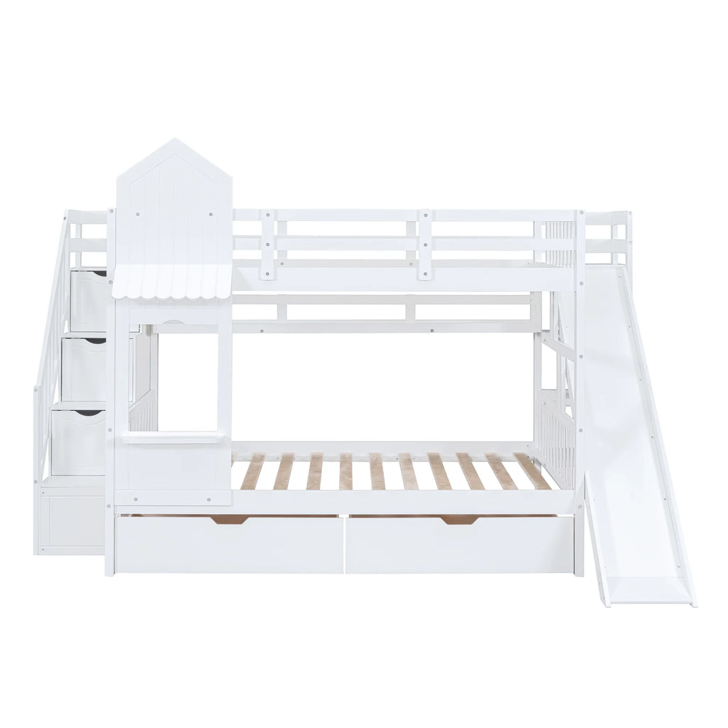 Full Over Full Castle Bunk Bed with Slide, Stairs and Storage Drawers Q676818