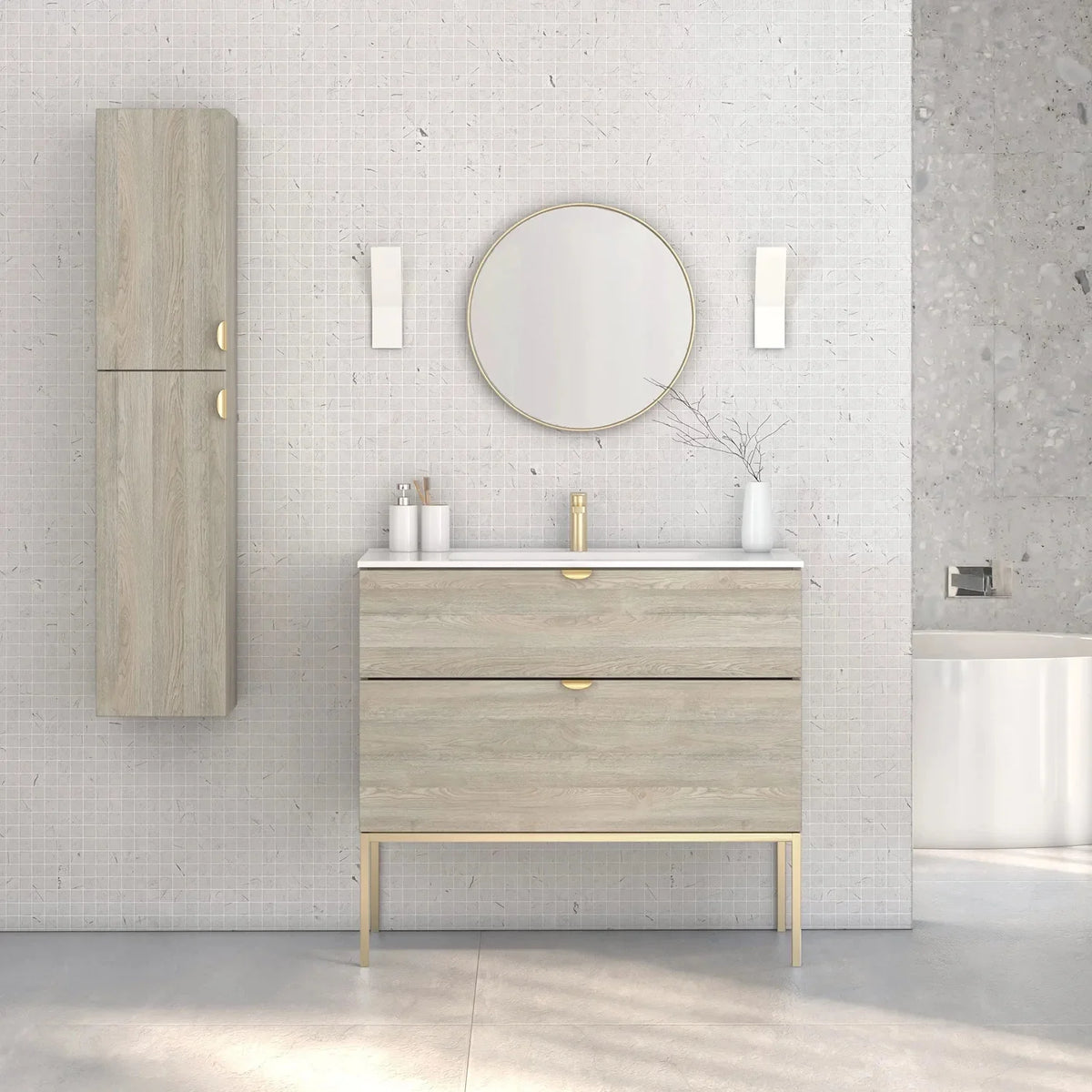 Toasted Oak Wood Finish Column Cabinet with Gold Handles G37113