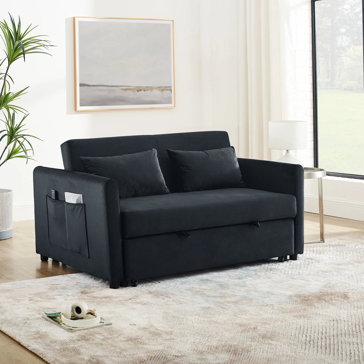 Black Velvet Convertible Sofa Bed Y76153