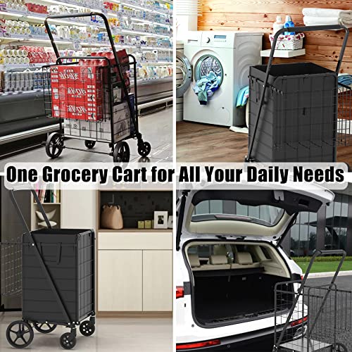 Heavy Duty Folding Shopping Cart with Double Basket, 360° Swivel Wheels, Waterproof Bag E450